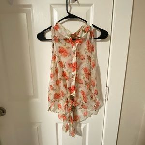 Floral Sleeveless Tie Bottom Button Up